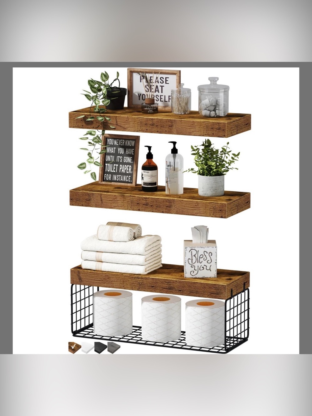 Bathroom Shelves Wall Mounted (Brown, Set Of 3)